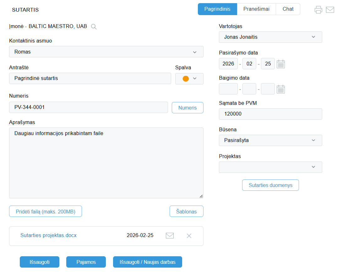 Skytex CRM sutarties ir pasiūlymo forma iš šablono su užpildytais duomenimis